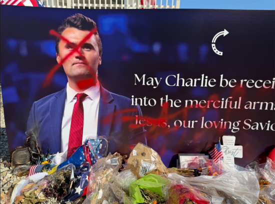 Charlie Kirk statue defaced with red paint; 'Jesus' crossed out, 'Satan' spray-painted over it